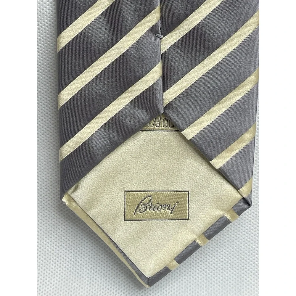Brioni Classic Thick Repp Silk Striped Tie Gray Yellow Handmade Italian Necktie